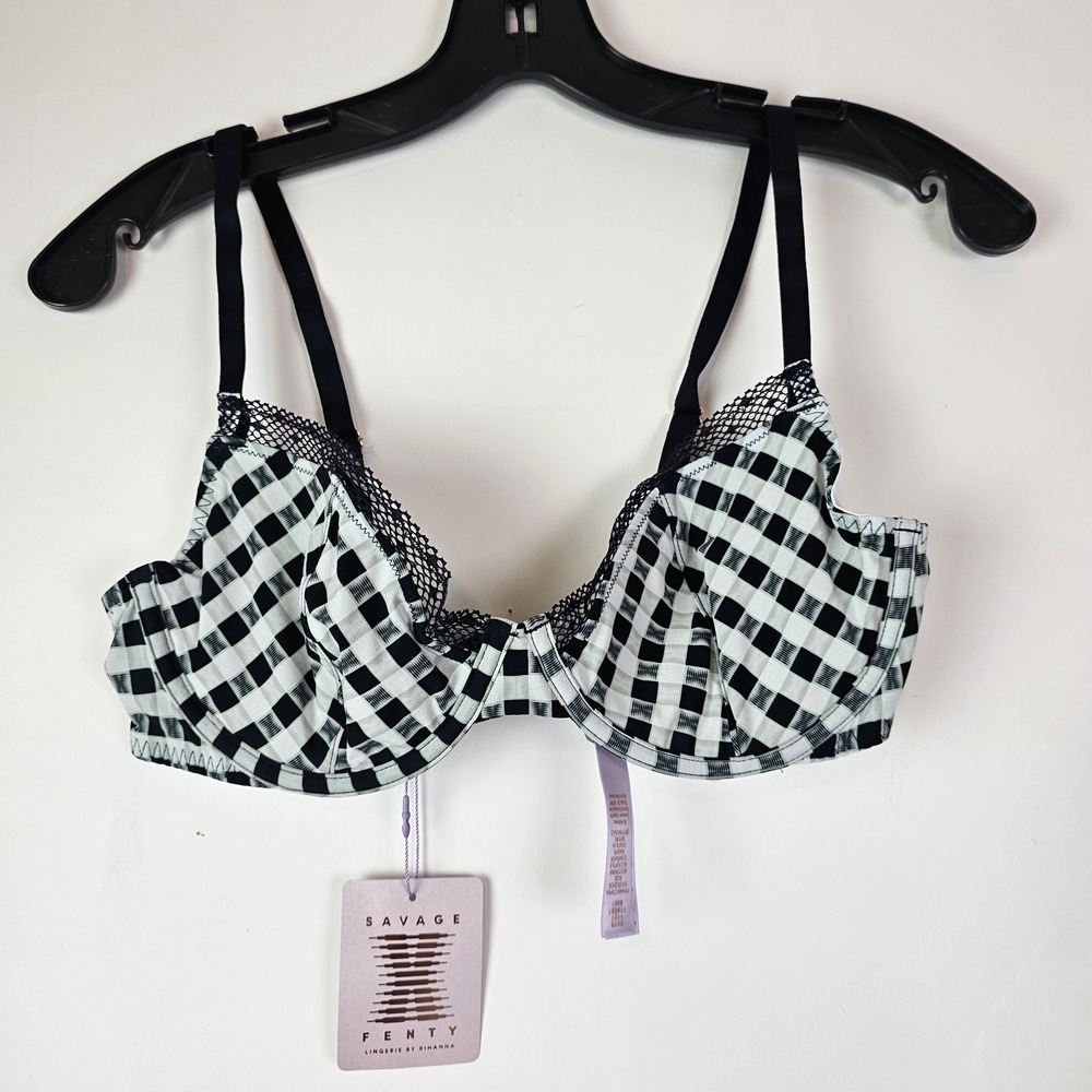 Savage X Fenty NWT 36C Gingham Unlined Plunge Bra Black White Plaid Checked